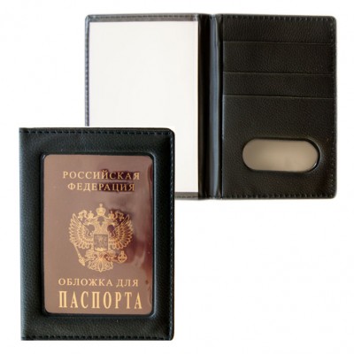 Обложка для паспорта с окошком, черная, экокожа 7558-2 J.Otten 