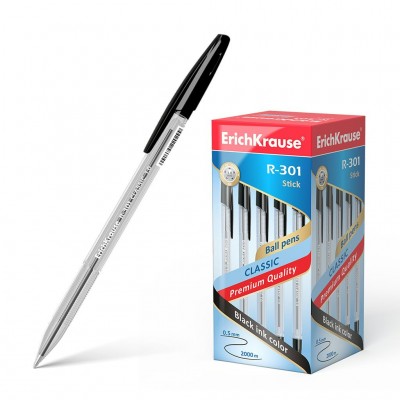 Ручка шариковая 0.7 мм черная "R-301 Classic Stick" 140мм корпус прозрачный ш/к 43185 (22030) ERICH 