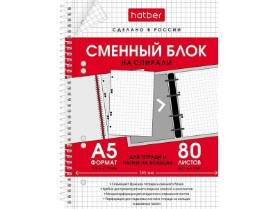 Сменный блок А5  80л. на спирали, белый, универсальная перфорация 80СБ5В1сп_29105 Hatber 