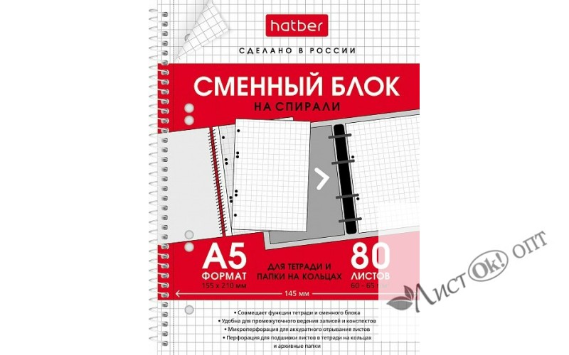 Сменный блок А5  80л. на спирали, белый, универсальная перфорация 80СБ5В1сп_29105 Hatber 