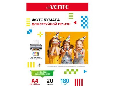 Бумага для фотопечати А4 180г/м, глянцевая, 20л/пачка, глянцевая, односторонняя 2042900 deVente 