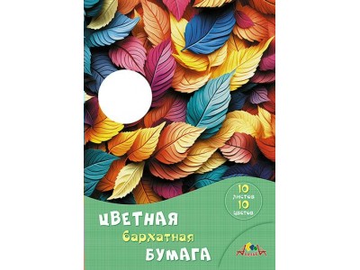 Бумага цветная бархатная А4 10л. 10 цв.папка 