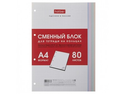 Сменный блок А4 80л клетка для тетрадей на кольцах Универсальная перфорация  Многоцветный срез в индив.упак. 80СБ4В1_28950 Hatber 