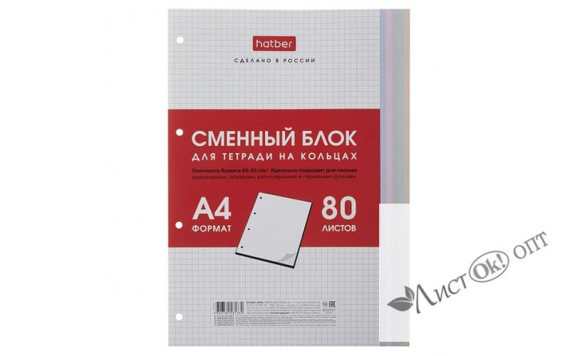 Сменный блок А4 80л клетка для тетрадей на кольцах Универсальная перфорация  Многоцветный срез в индив.упак. 80СБ4В1_28950 Hatber 