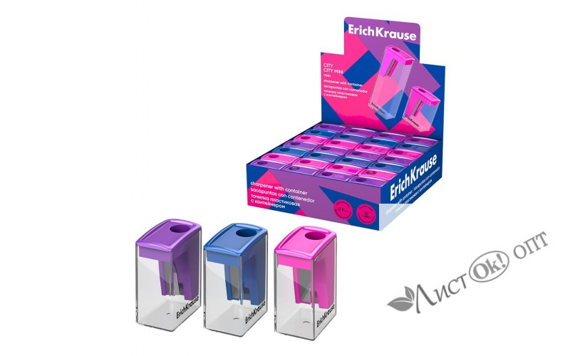 Точилка с контейнером , пластиковая City Mini. Vivid. ассорти (в коробке-дисплее по 28 шт) 60019 ERICH KRAUSE 