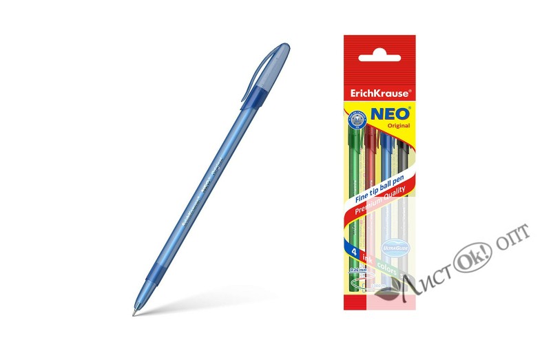 Набор ручек шариковых Набор из 4 ручек шариковых ErichKrause Neo® Stick Original 0.7. Super Glide Technology. цвет чернил: 47509 ERICH KRAUSE 