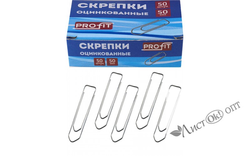 Скрепки канцелярские 50 мм, 50 шт. металлические прямоуг. профиль оцинк.  в карт.кор. СКР-3136 Проф-Пресс 