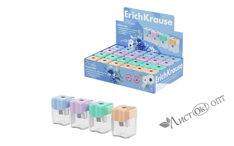 Точилка с контейнером пластиковая Wave Mini, Pastel Bloom, ассорти 60044 ERICH KRAUSE 