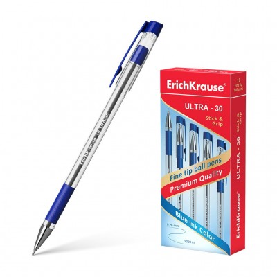Ручка шариковая 0.7 мм синяя "Ultra L-30" 140мм, корпус прозрачный, рез.грип 19613 ERICH KRAUSE /1 /